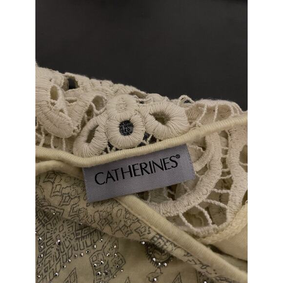 Catherines Womens Top 2X Yellow Abstract Rayon Rhinestone Semi Sheer FLAW READ - Picture 6 of 10